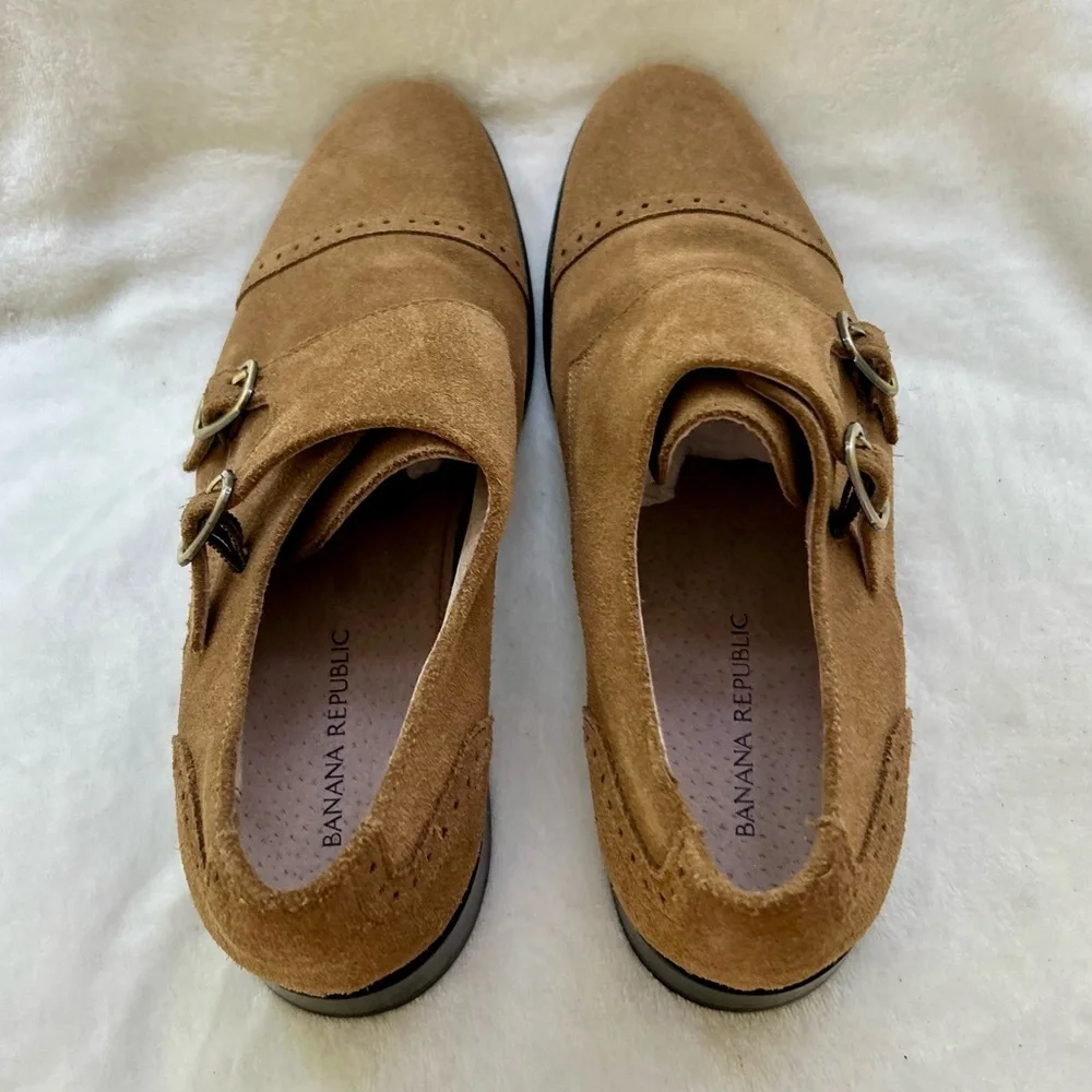 Banana Republic Double Monk Strap Tan Mens Size 8 Shoes Suede Oxfords Flats EUC